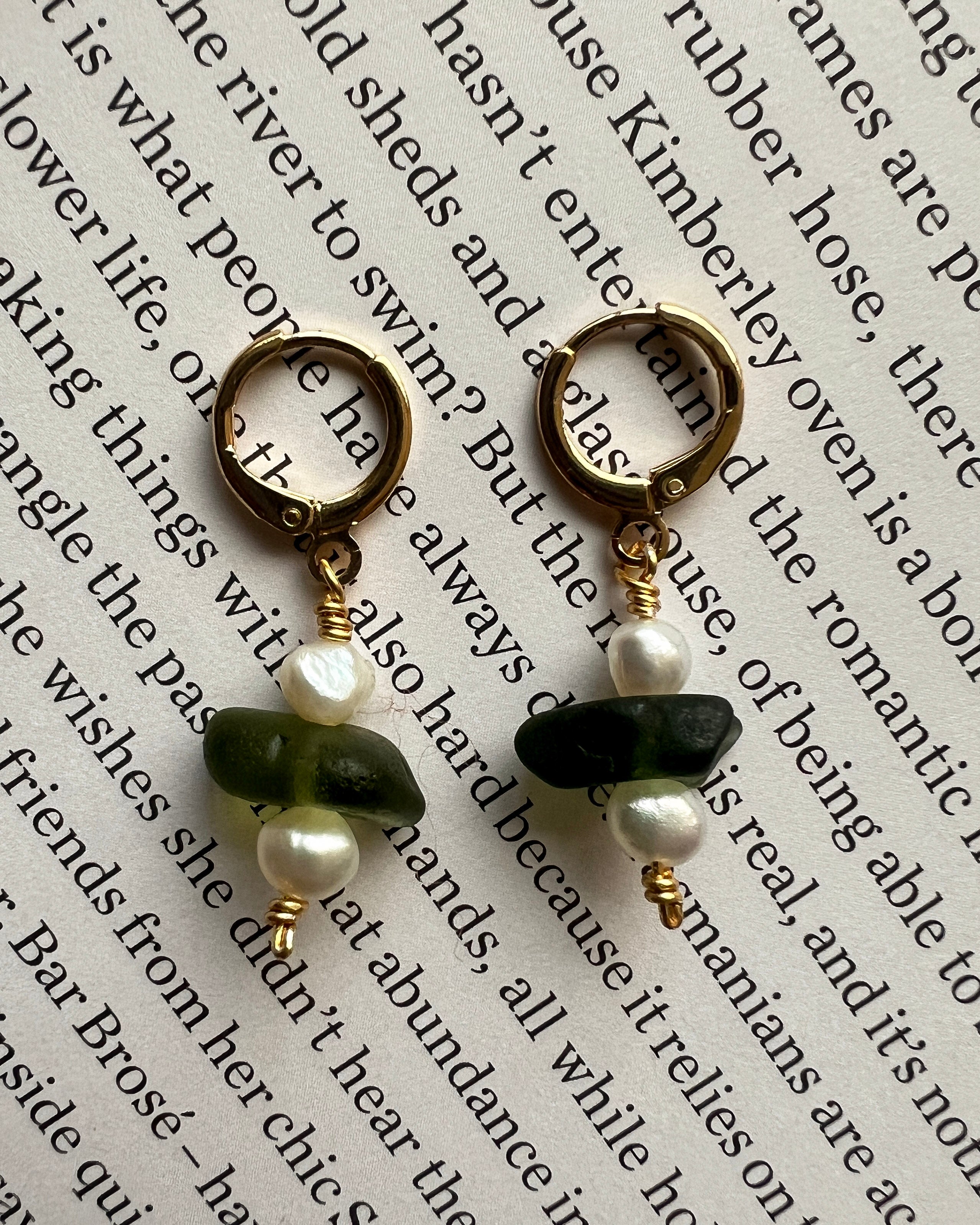 Green Sea Glass Earrings, Huggies with Freshwater Pearls