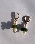 Green Sea Glass Earrings, Huggies with Freshwater Pearls