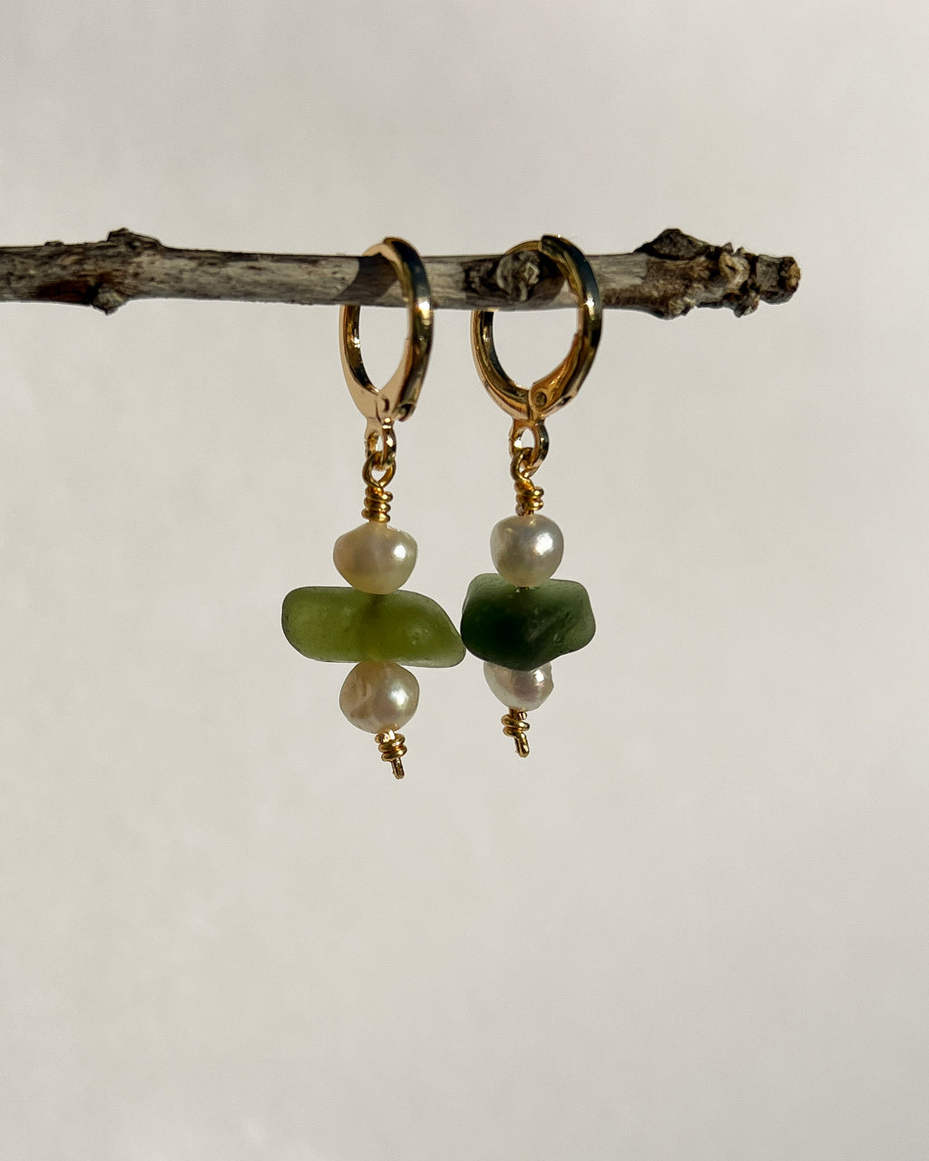 Green Sea Glass Earrings, Huggies with Freshwater Pearls