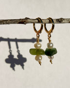 Green Sea Glass Earrings, Huggies with Freshwater Pearls