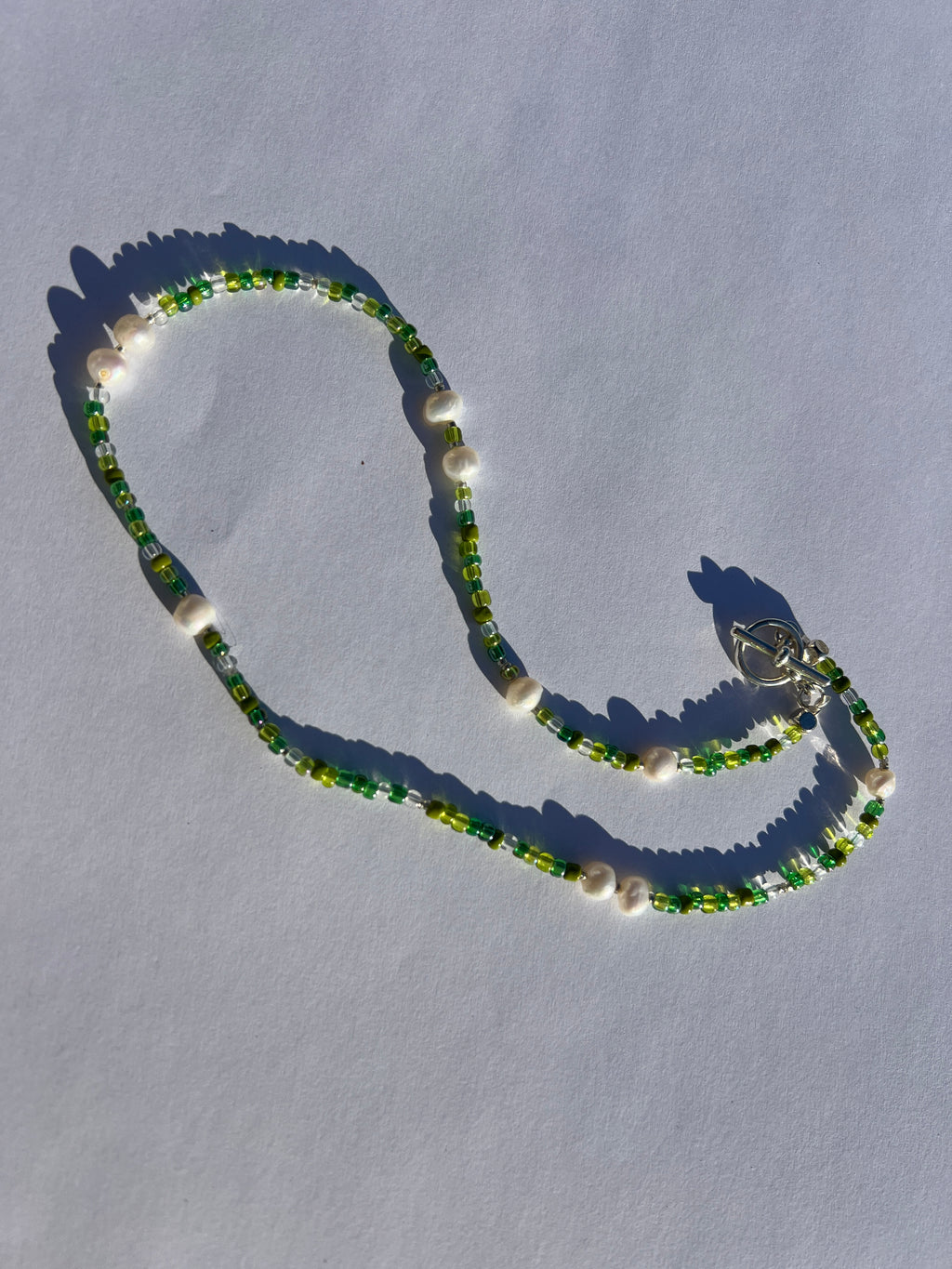 Handmade Green Beaded Necklace | Freshwater Pearls & T-Bar Clasp