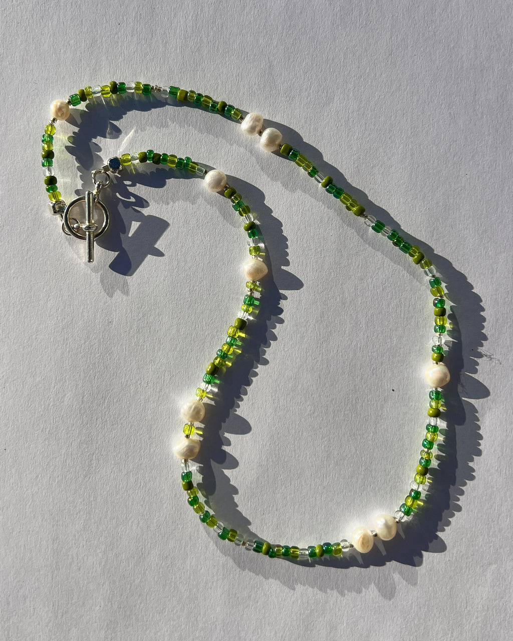 Handmade Green Beaded Necklace | Freshwater Pearls & T-Bar Clasp