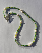 Handmade Green Beaded Necklace | Freshwater Pearls & T-Bar Clasp