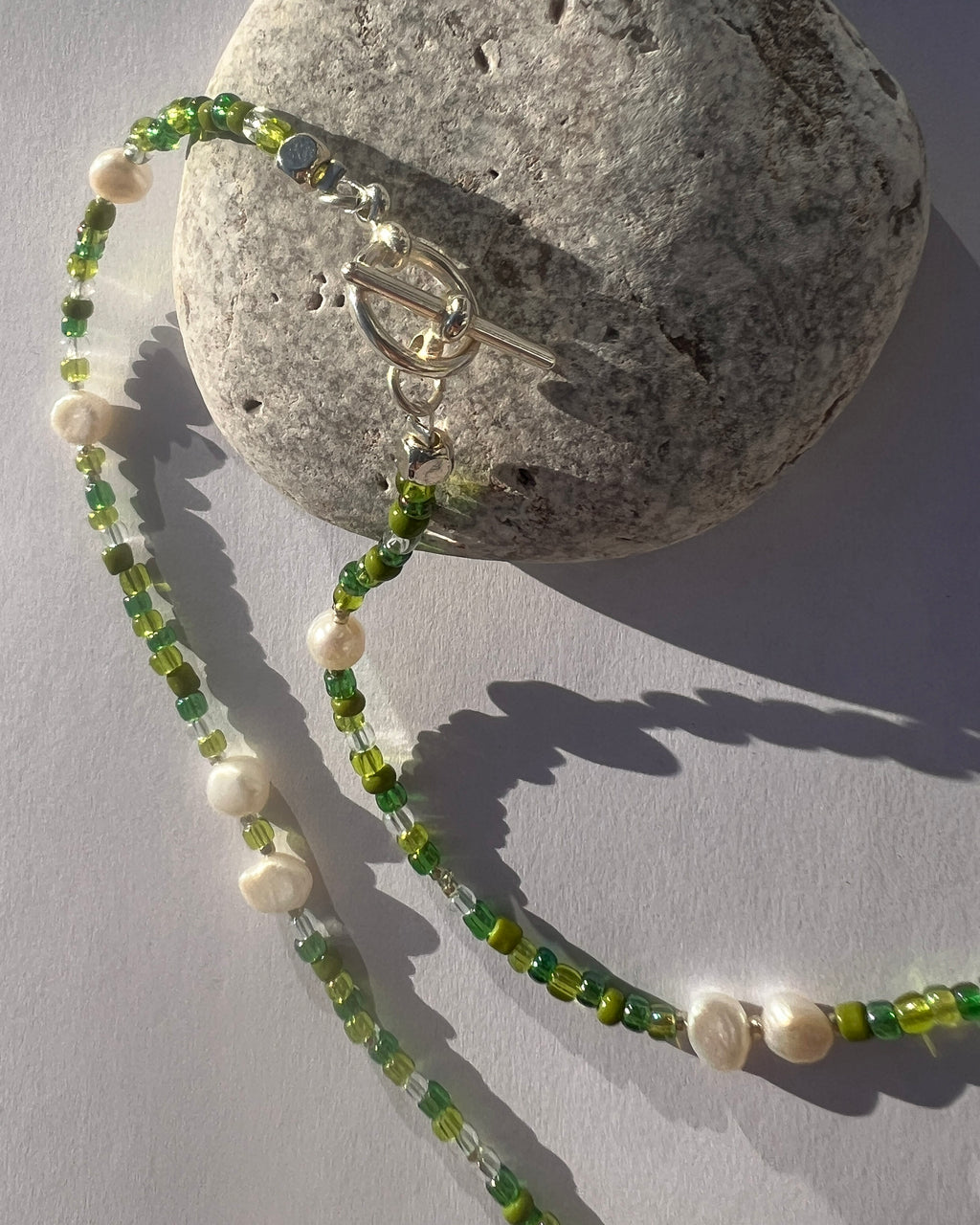 Handmade Green Beaded Necklace | Freshwater Pearls & T-Bar Clasp
