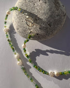 Handmade Green Beaded Necklace | Freshwater Pearls & T-Bar Clasp