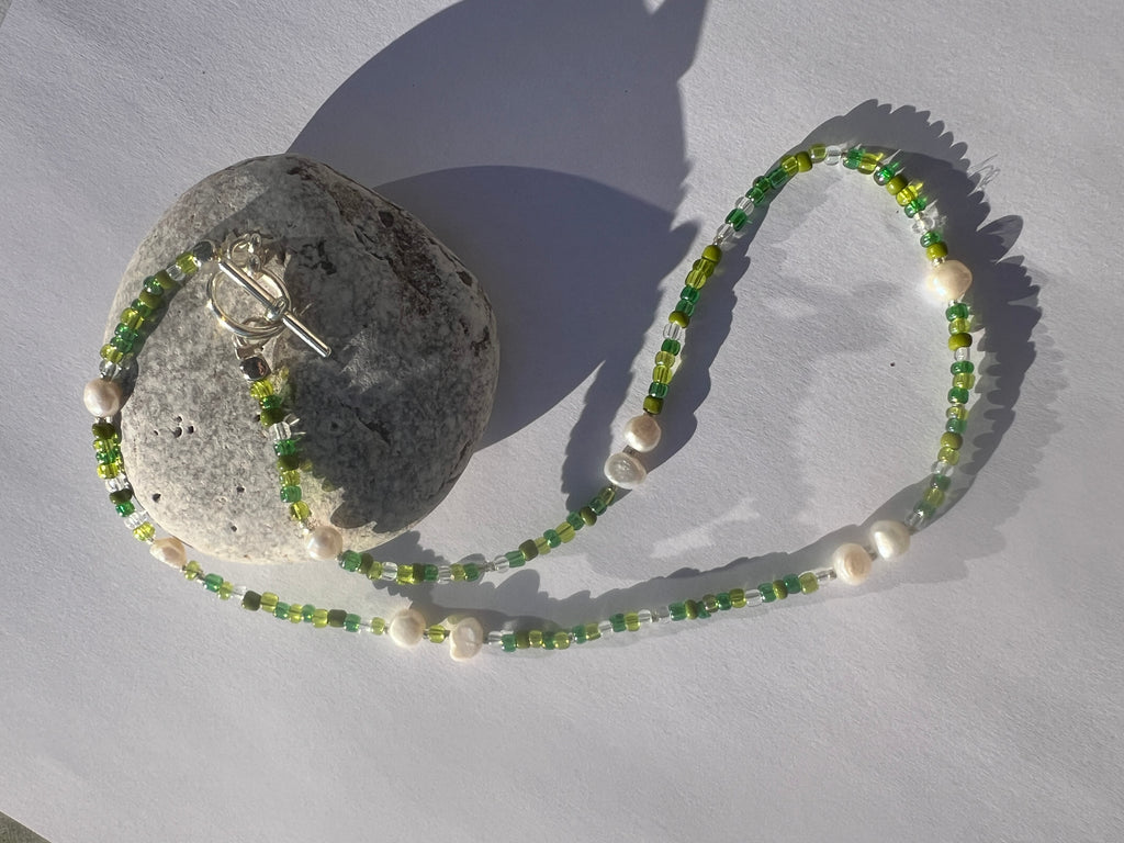 Handmade Green Beaded Necklace | Freshwater Pearls & T-Bar Clasp