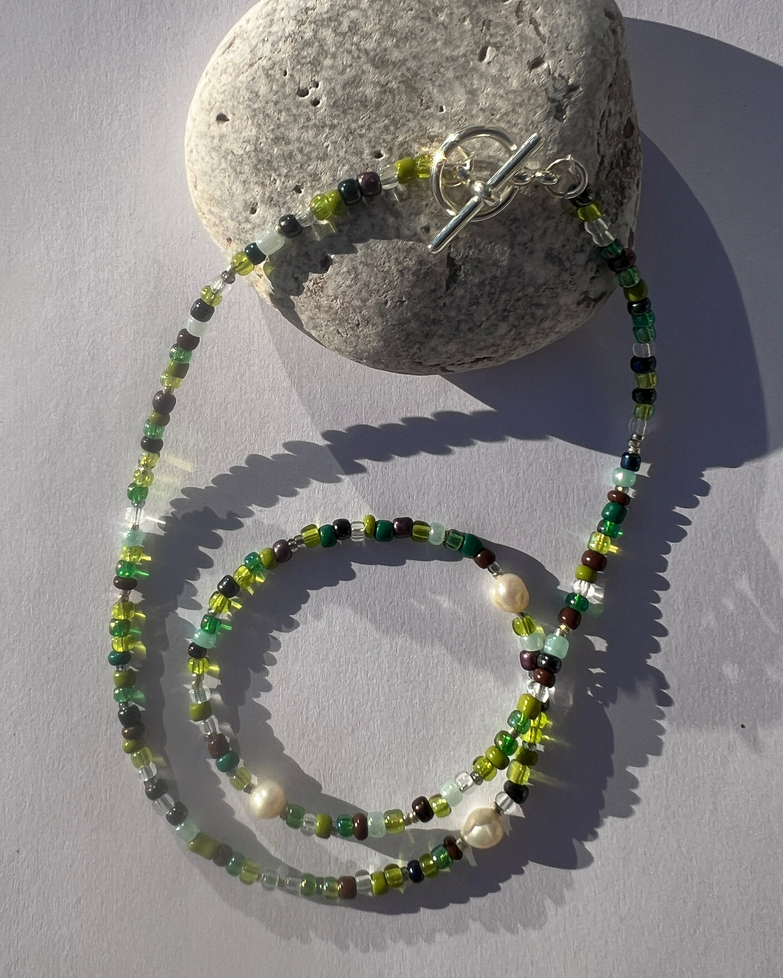 Handmade Dark Green Beaded Necklace with Freshwater Pearls & Silver T-Bar Clasp
