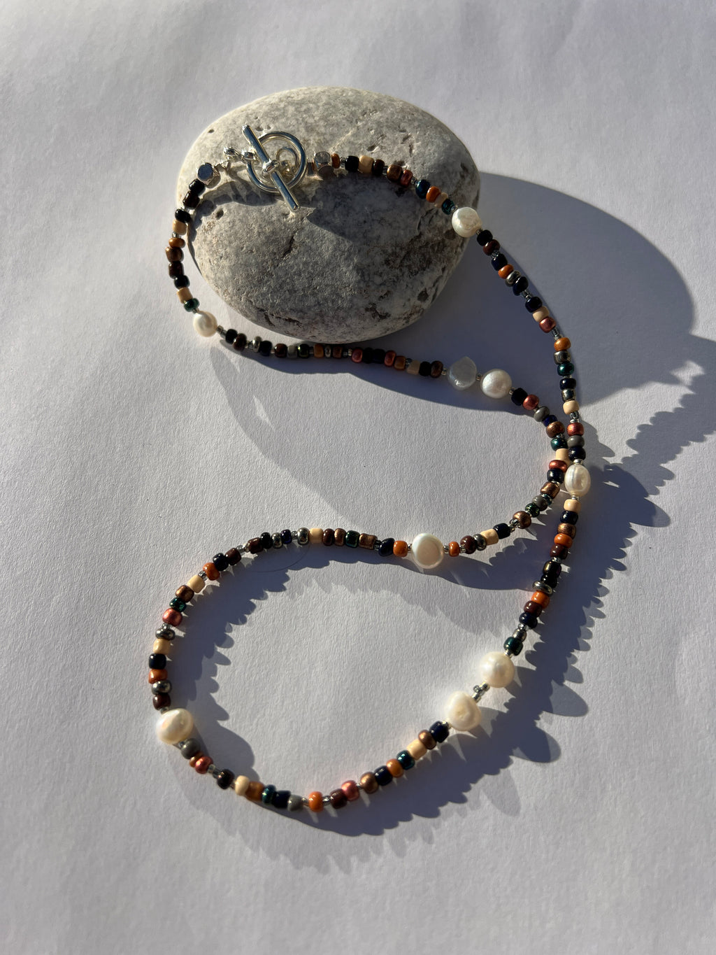 Handmade Beaded Necklace with Blue Porcelain Accents | Earth Tones