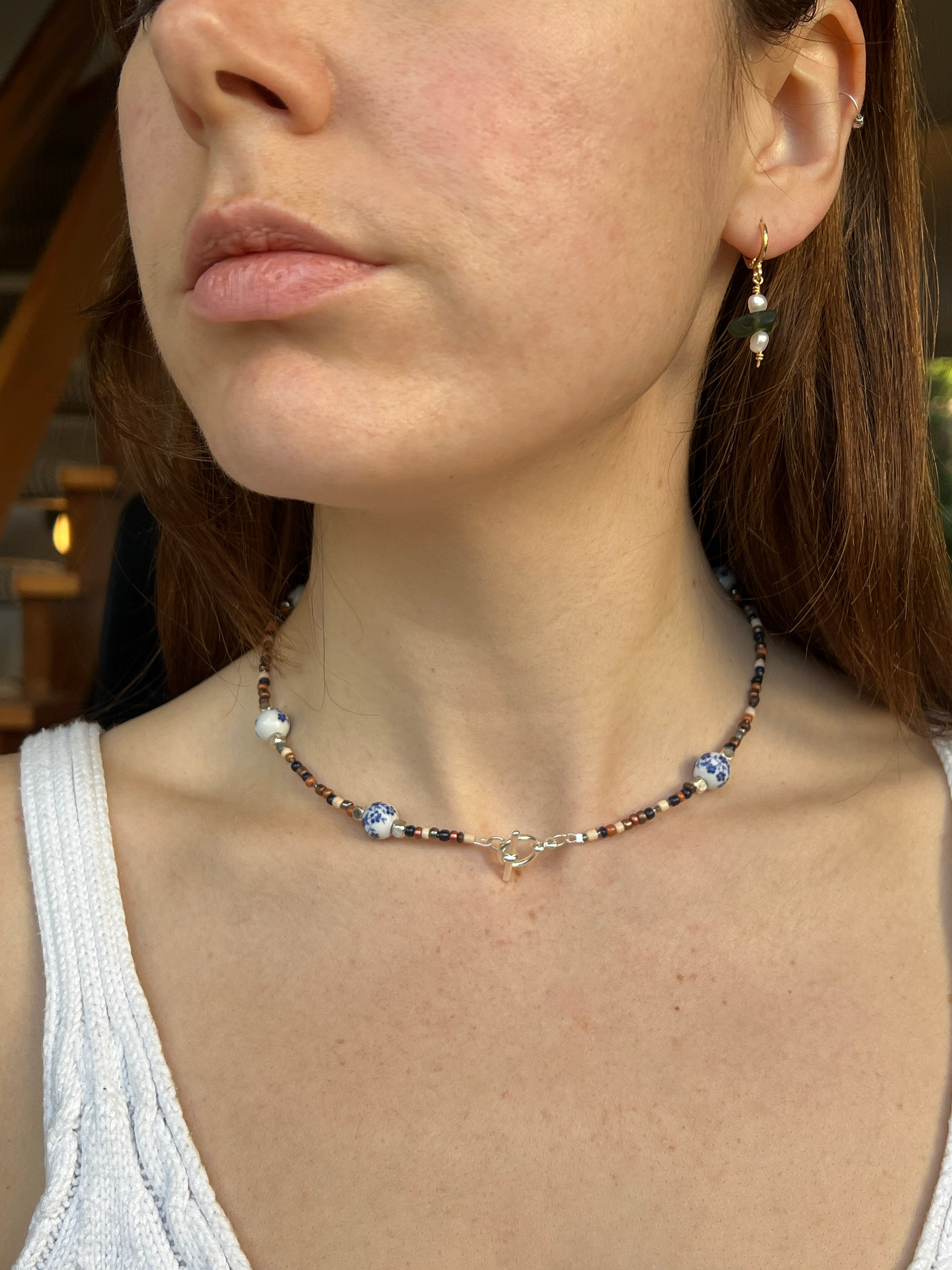 Handmade Beaded Necklace with Blue Porcelain Accents | Earth Tones