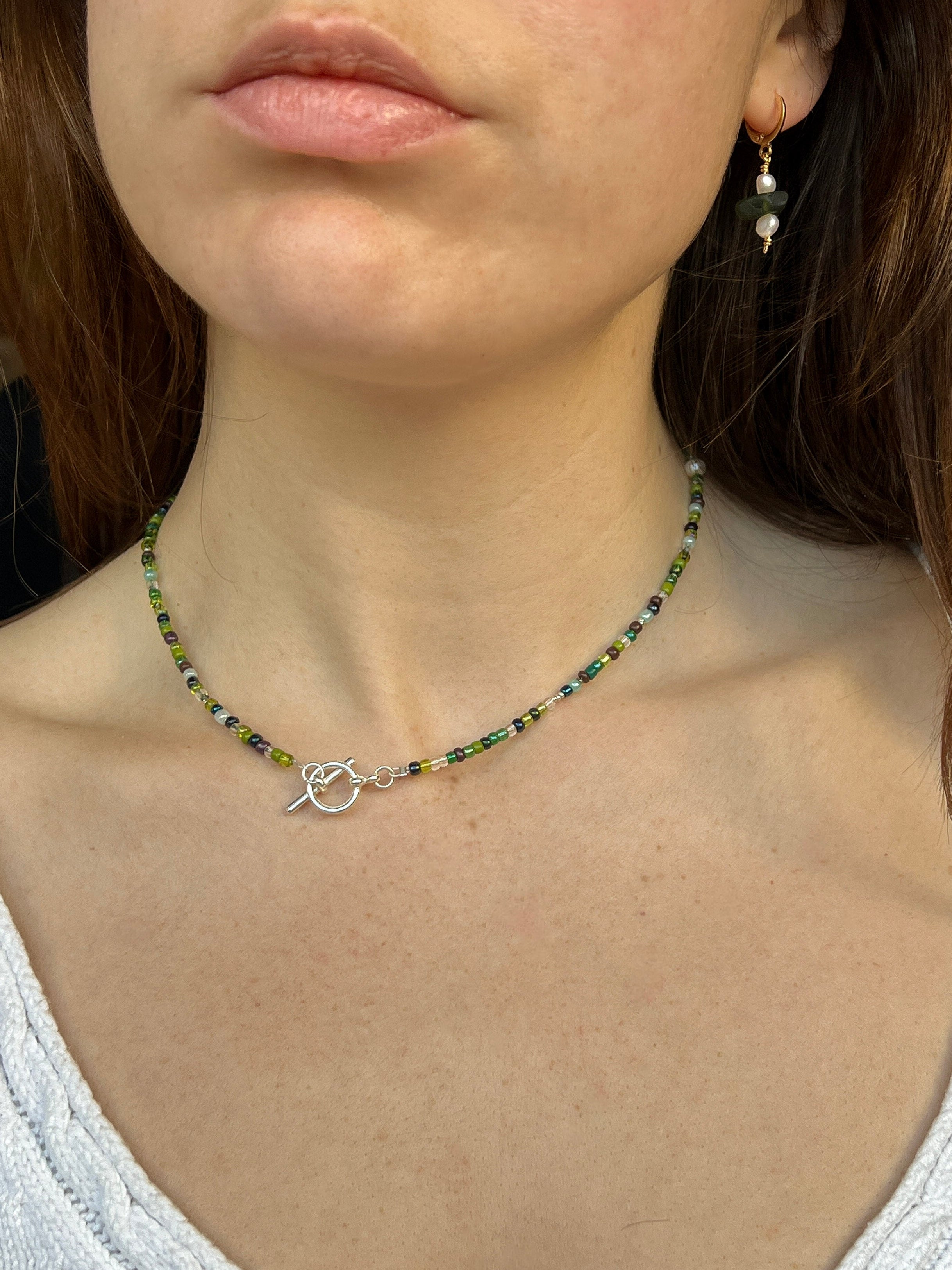 Handmade Dark Green Beaded Necklace with Freshwater Pearls & Silver T-Bar Clasp