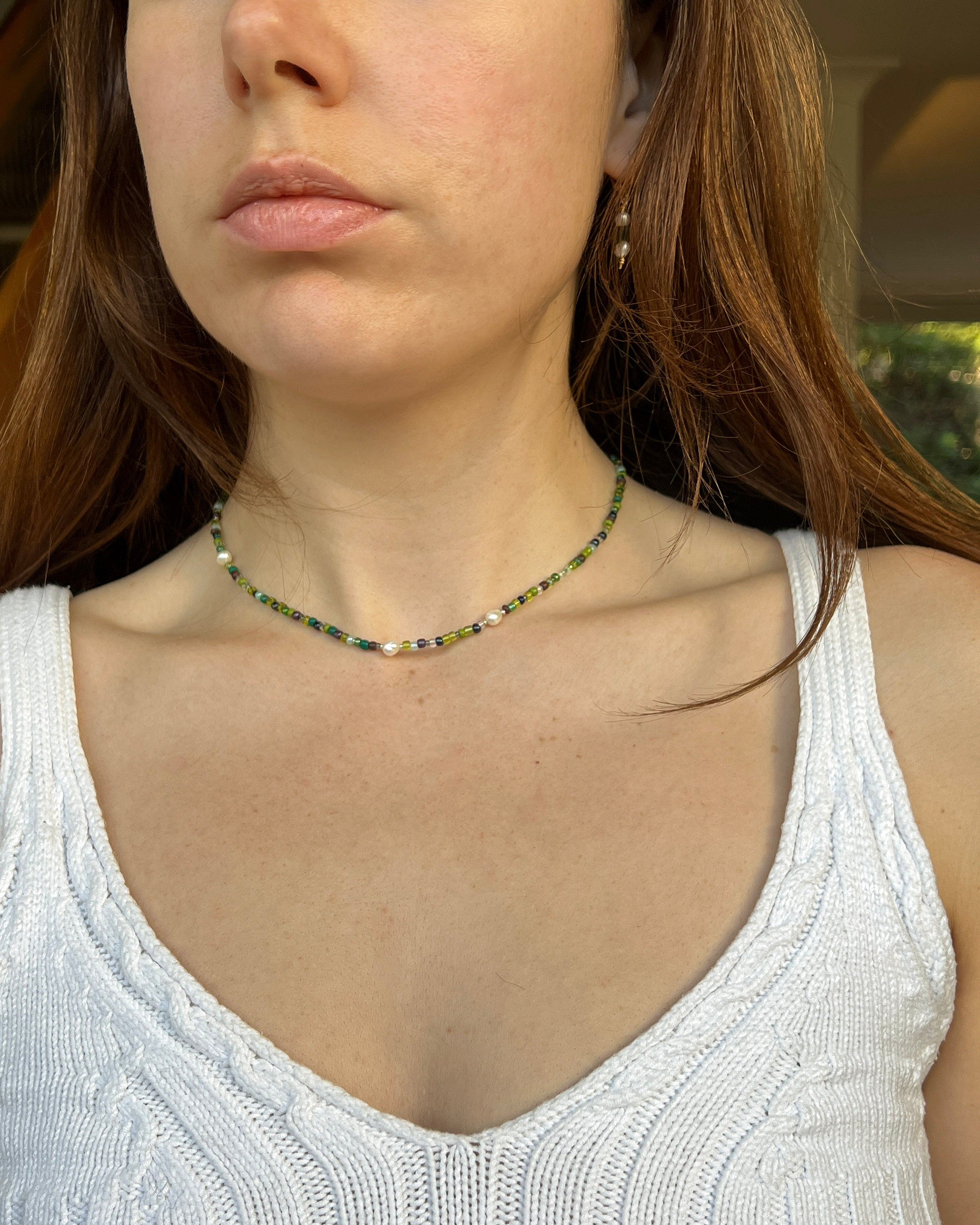Handmade Dark Green Beaded Necklace with Freshwater Pearls & Silver T-Bar Clasp