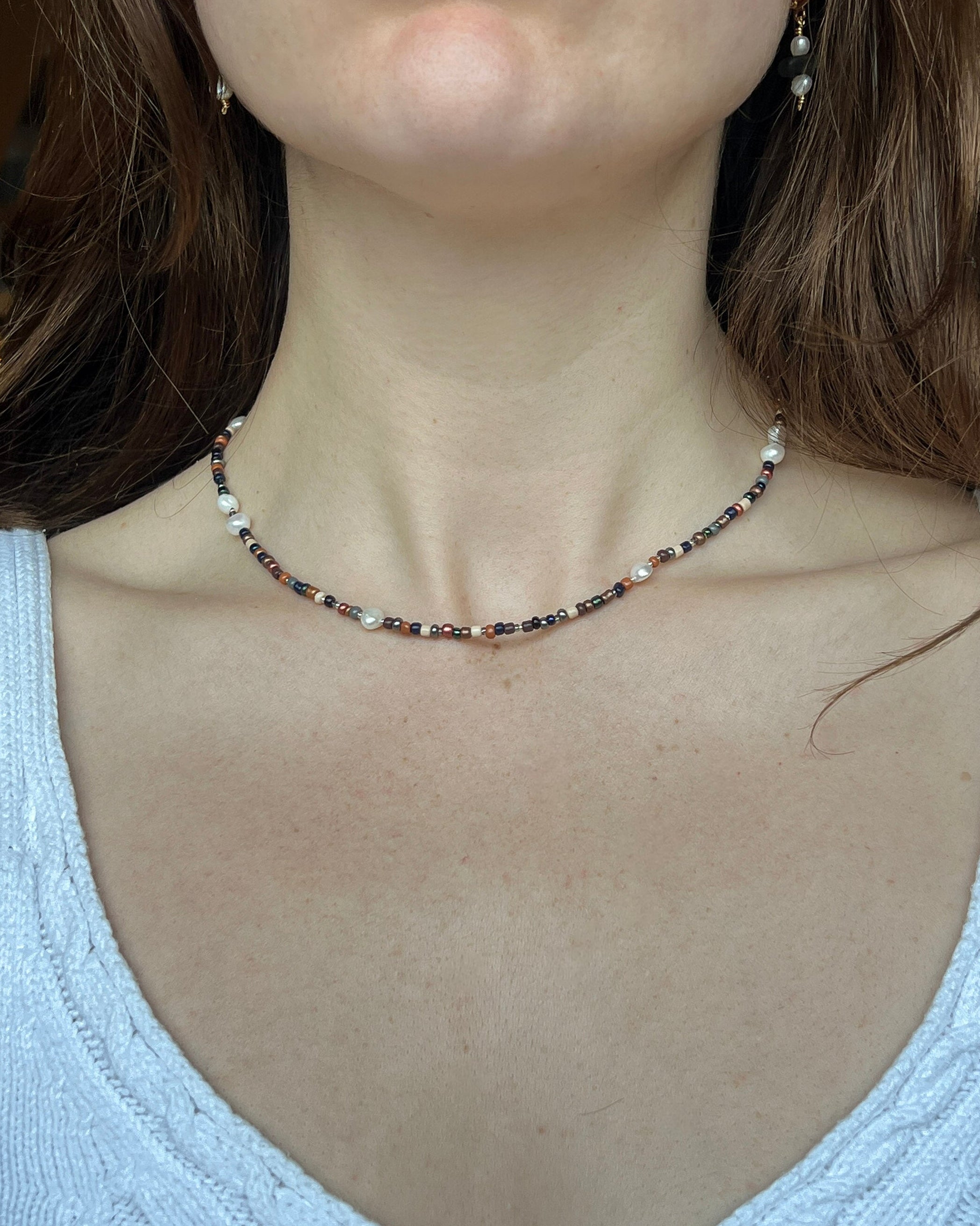 Neutral Brown Beaded Necklace with Freshwater Pearls & Silver T-Bar | Handmade Earth-Tone Necklace | 42cm