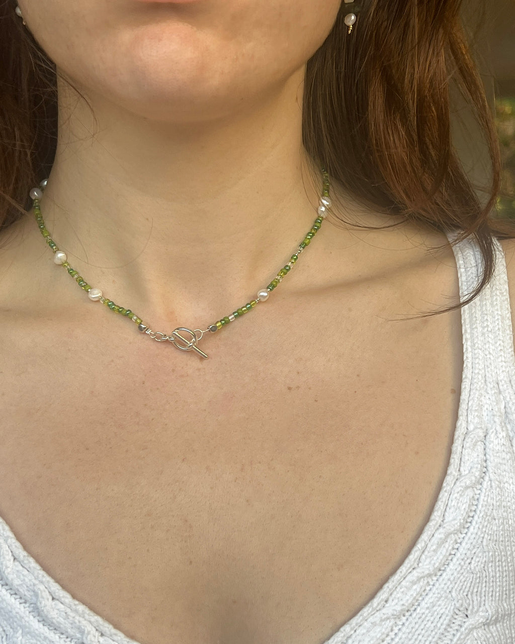 Handmade Green Beaded Necklace | Freshwater Pearls & T-Bar Clasp