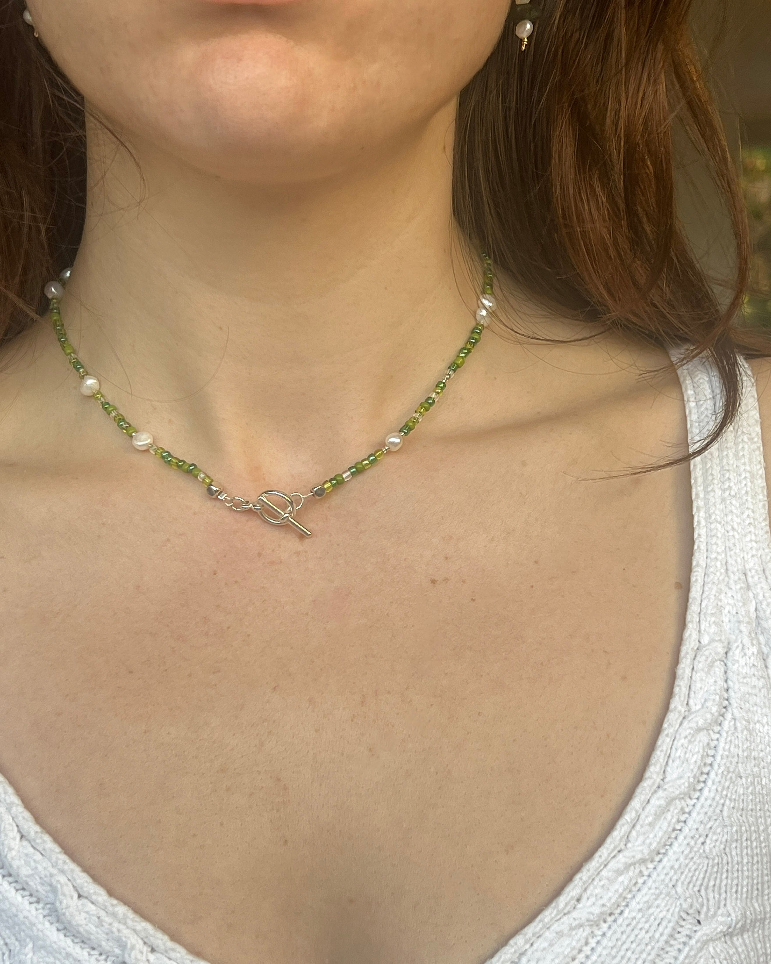 Handmade Green Beaded Necklace | Freshwater Pearls & T-Bar Clasp