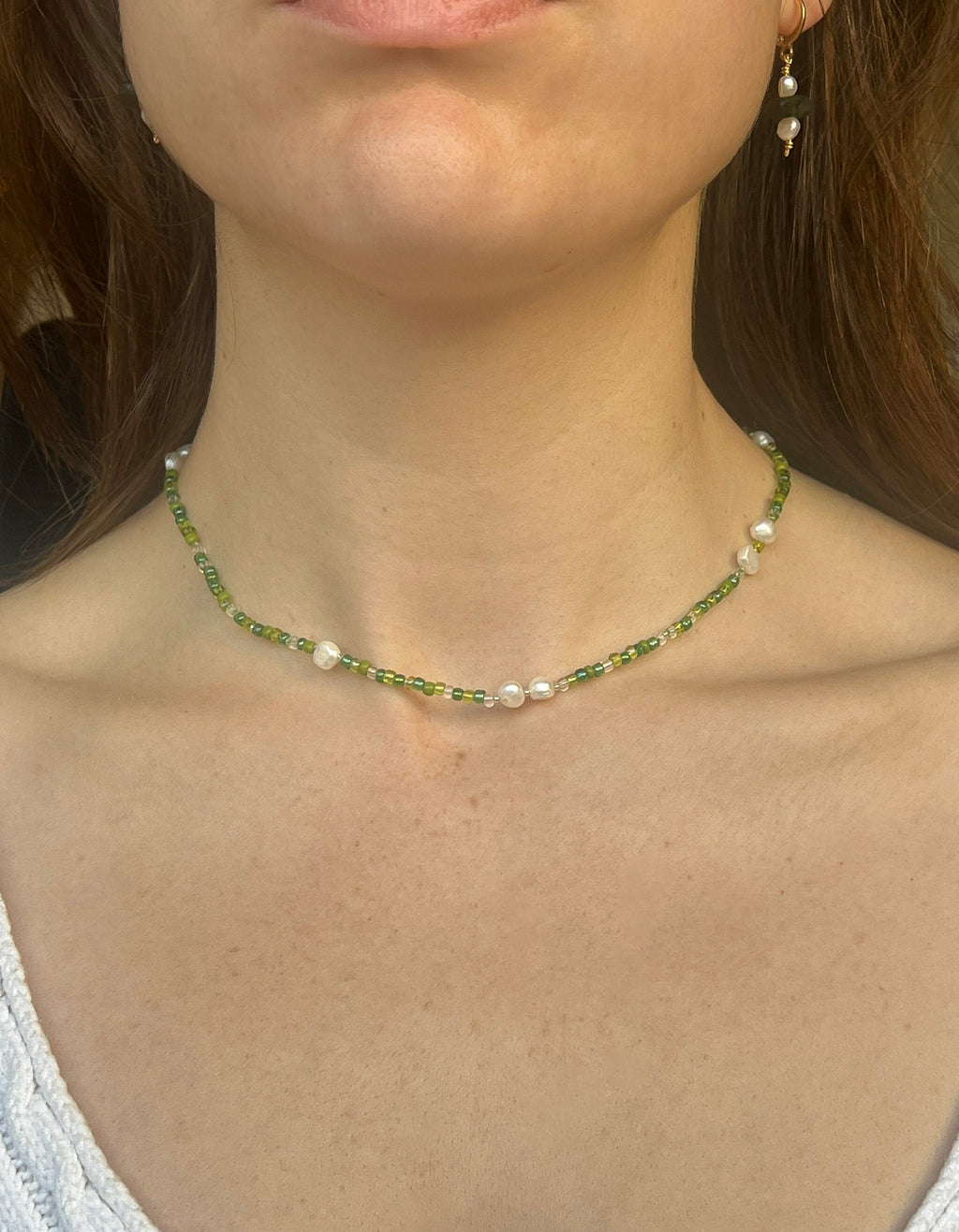 Handmade Green Beaded Necklace | Freshwater Pearls & T-Bar Clasp