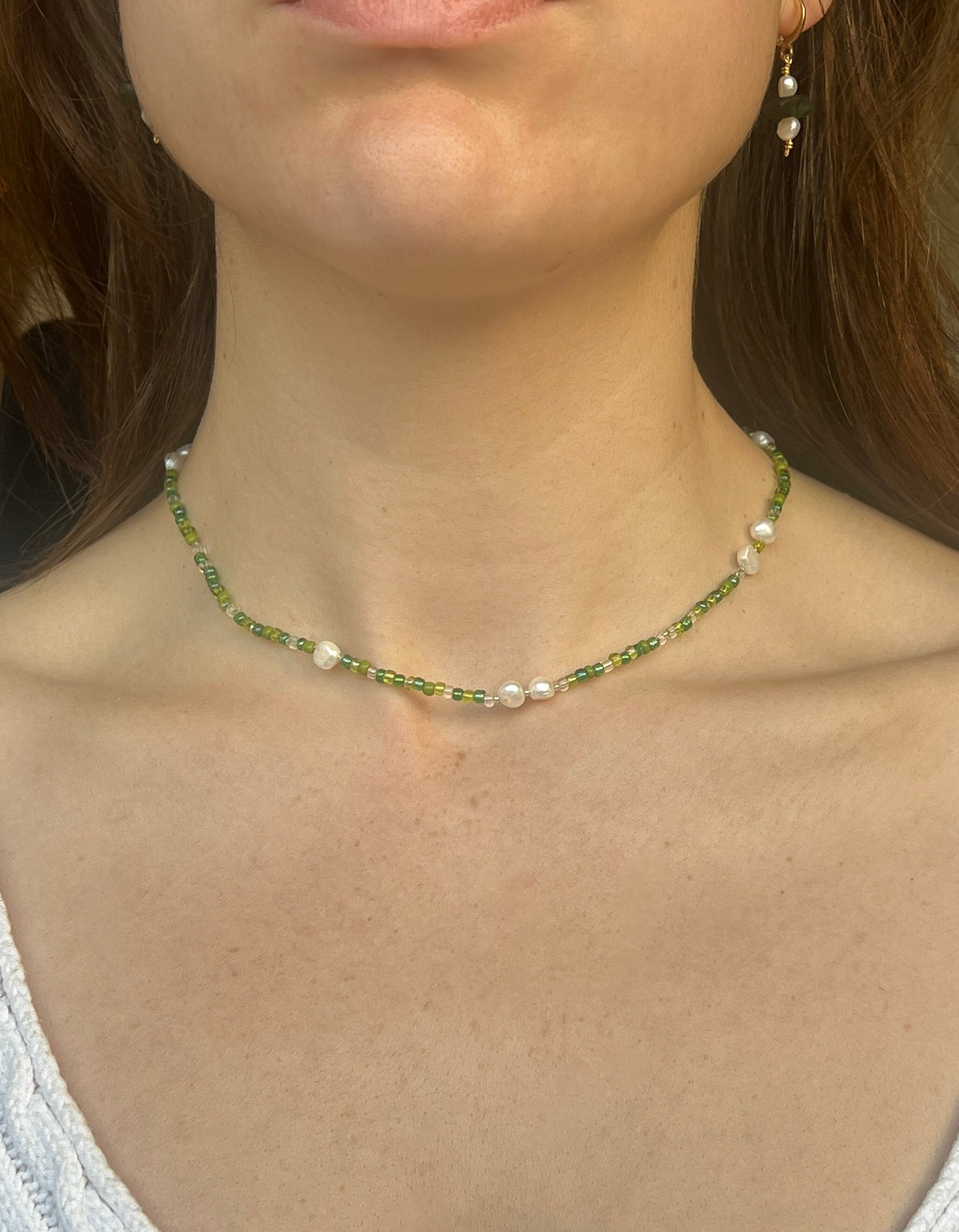Handmade Green Beaded Necklace | Freshwater Pearls & T-Bar Clasp