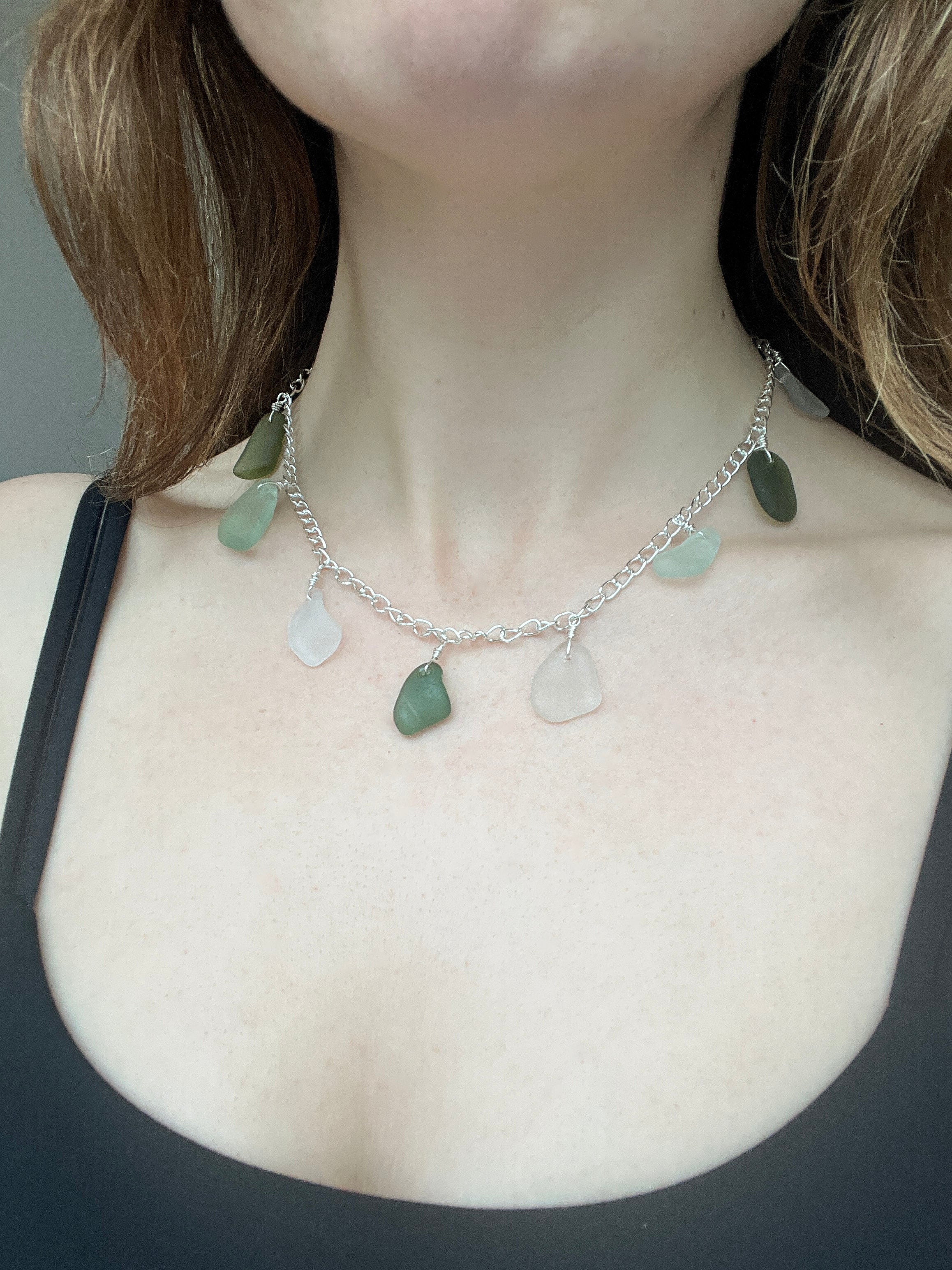 Customisable Sea Glass Charm Necklace, Chunky Silver-Plated Chain