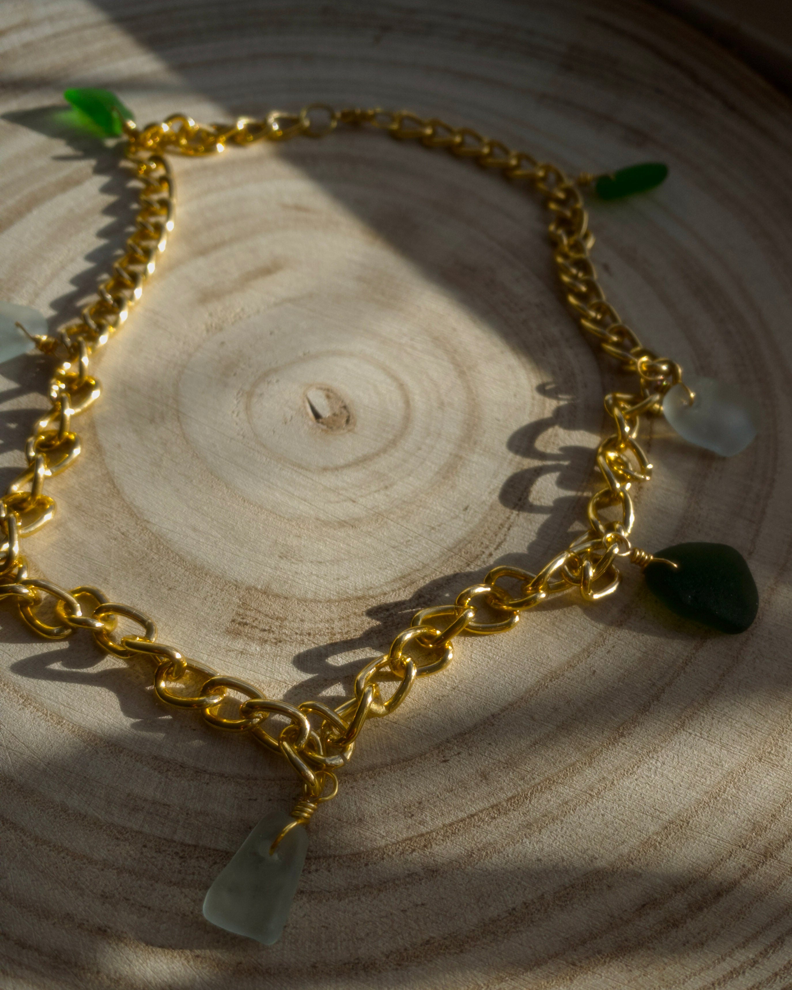 Gold Plated Chunky Charm Necklace: Devon Sea Glass Charms