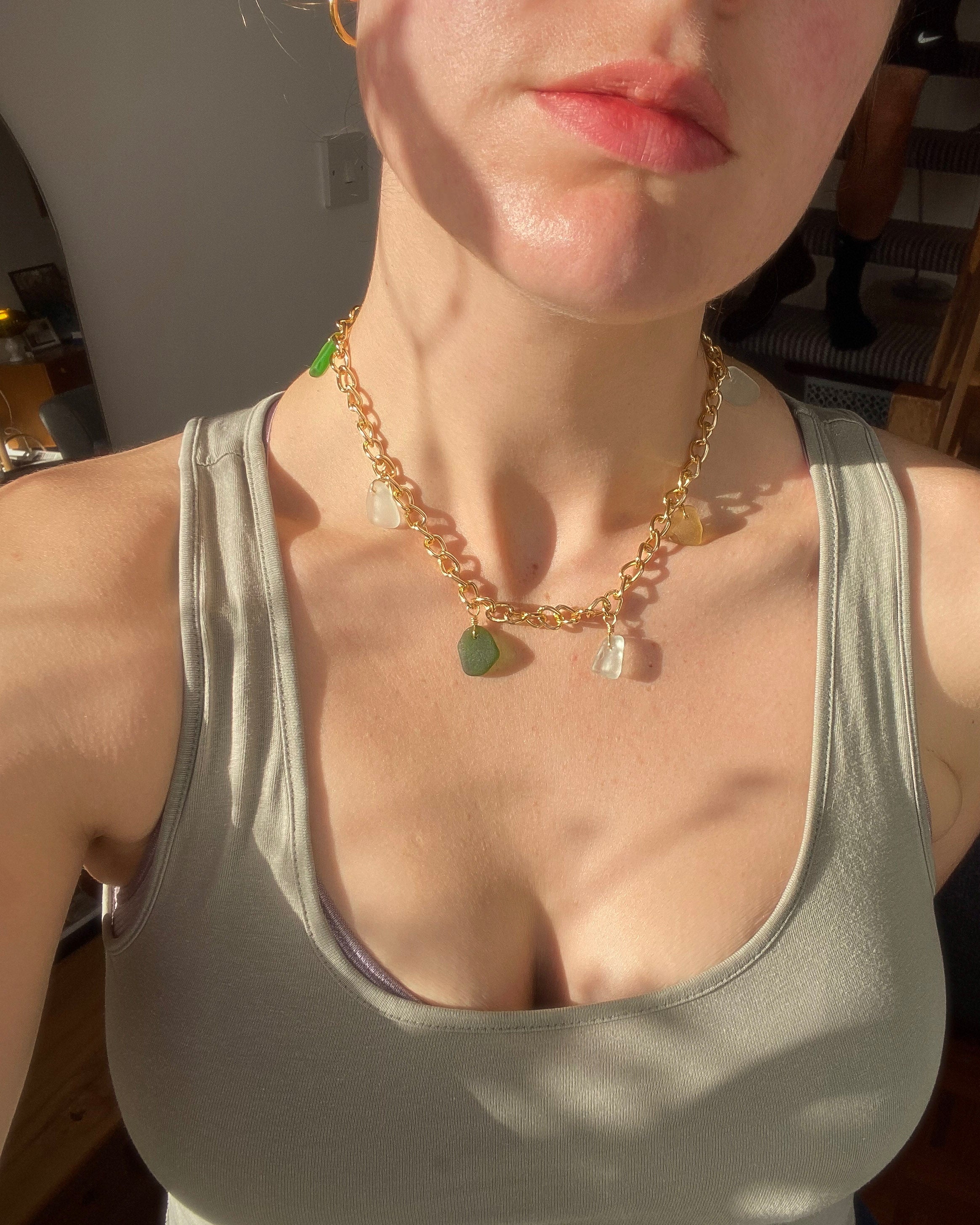 Gold Plated Chunky Charm Necklace: Devon Sea Glass Charms