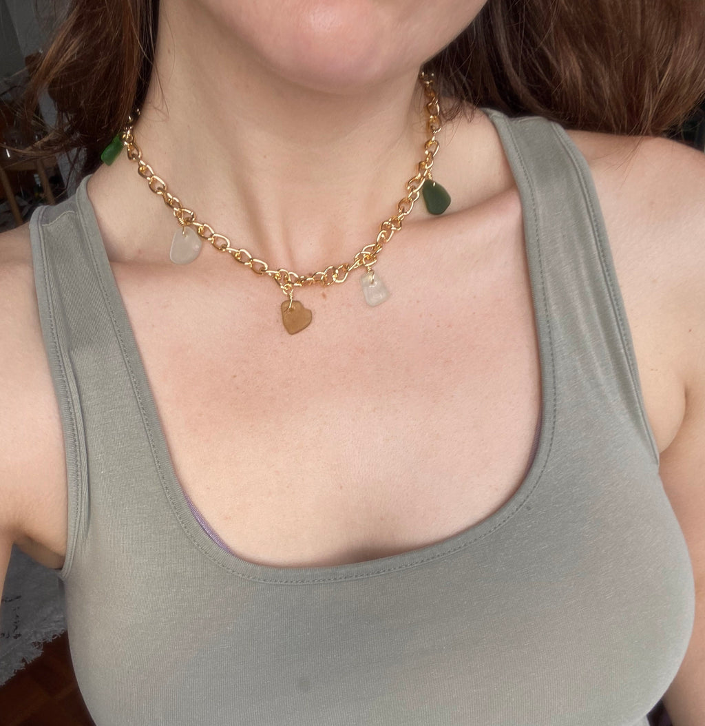 Gold Plated Chunky Charm Necklace: Devon Sea Glass Charms