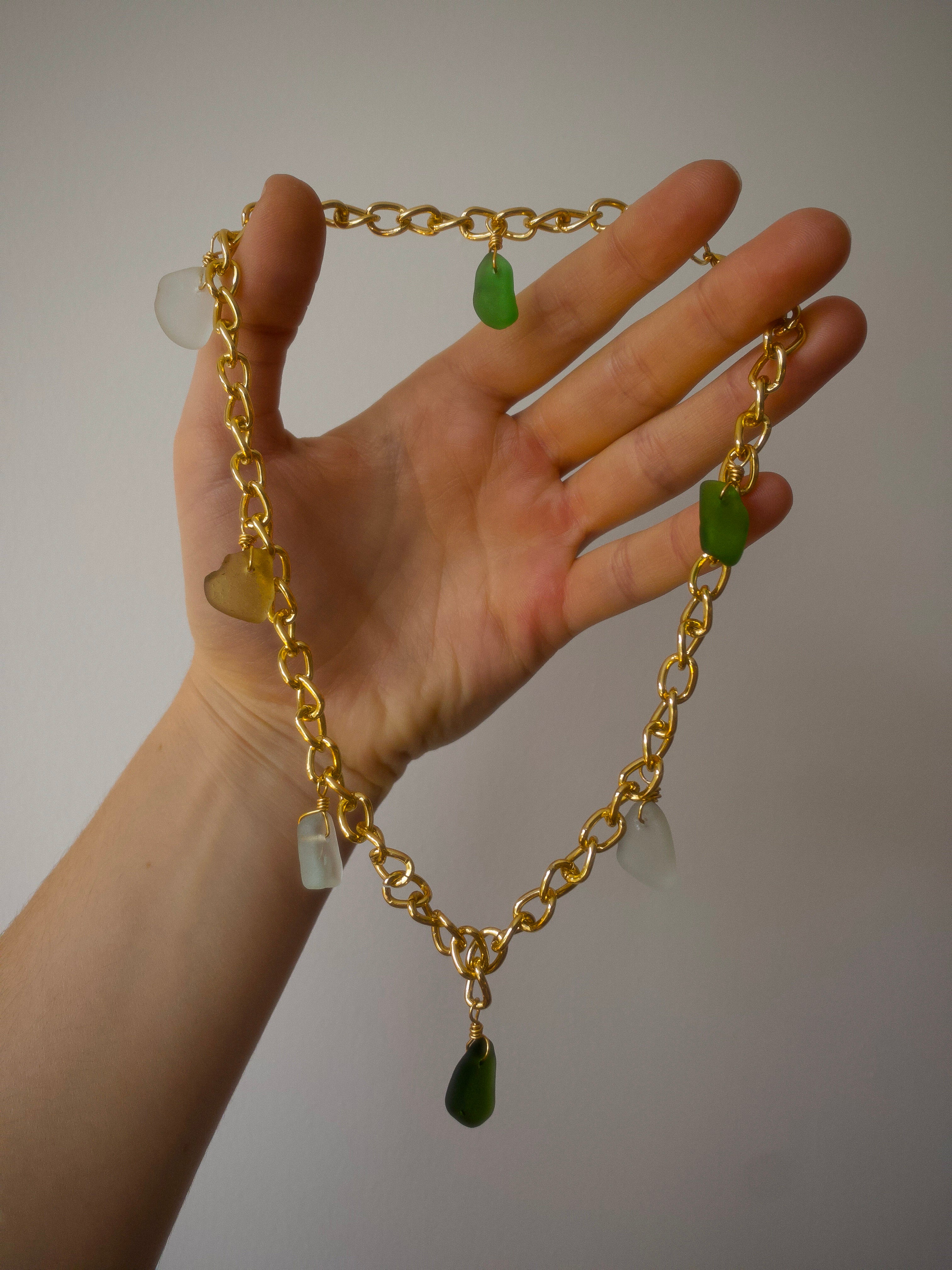 Gold Plated Chunky Charm Necklace: Devon Sea Glass Charms